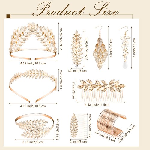 Sureio 12 Pieces Halloween Greek Goddess Costume Accessories Set Golden Leaves Bridal Hair Headband Hair Comb Coil Upper Crown Armband Dangle Earrings Bridal Headpiece for Wedding Party Accessories