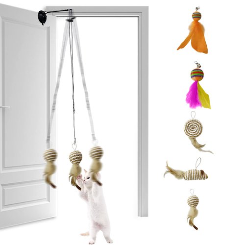 SILFGRLF Retractable Hanging Door Cat Toy with Super Suction Cup,Hanging Interactive Cat Feather Toys with 5 Replaceable Feathers,Interactive Door Hanging Teaser cat Toys for Indoor Cats