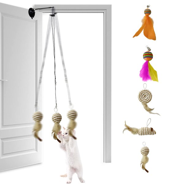 SILFGRLF Retractable Hanging Door Cat Toy with Super Suction Cup,Hanging Interactive Cat Feather Toys with 5 Replaceable Feathers,Interactive Door Hanging Teaser cat Toys for Indoor Cats