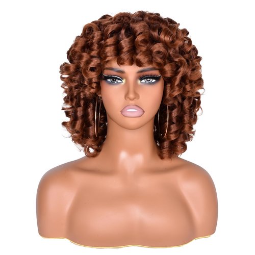 CurlCOO Curly Wigs for Black Women Short Curly Wig with Bangs Soft Big Loose Cute Afro Kinky Curly Hair 14 Inch Synthetic Wig for Black Women(Ombre Brown)