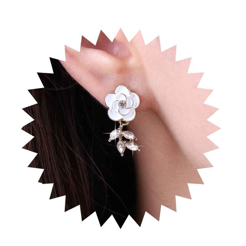 Sttiafay Vintage Crystal Flower Earrings Rhinestone Leaf Drop Earrings White Camellia Stud Earring Gold Cz Flower Bridal Earrings Jewelry for Women
