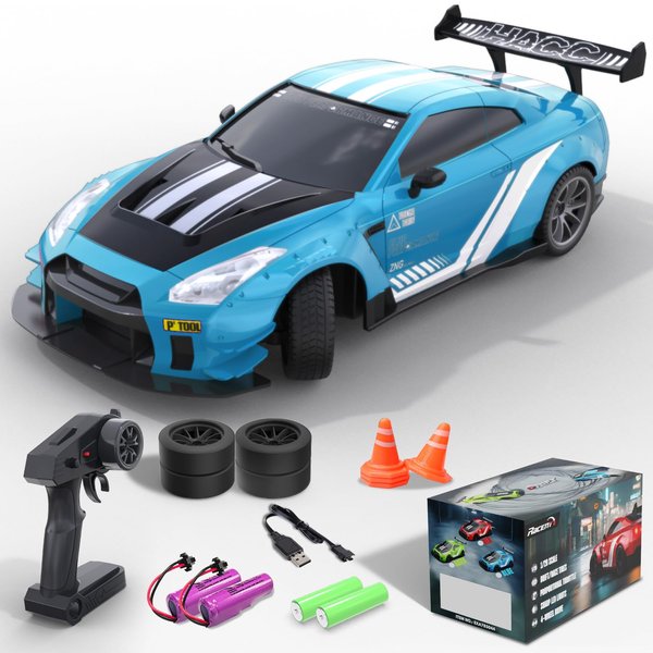 RACENT RC Drift Car, High Speed Remote Control Car, 4WD RC Cars with LED Light, Racing and Drifting Wheels, 2 Batteries, Toy for Boys, Girls, Kids (Blue)