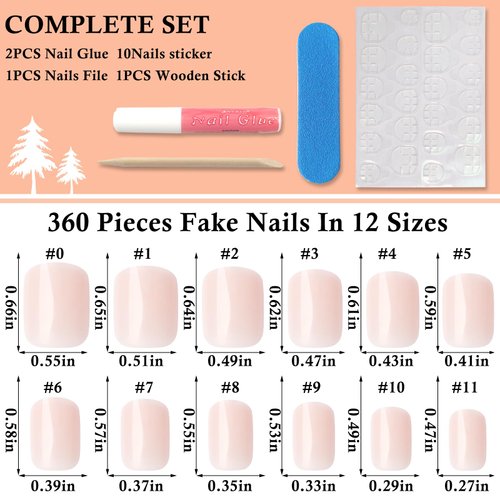 LoveOurHome 360pc Square Press on Nails Short Fake Nails Acrylic Press on Nails Square Nude Presson Nail Tips Full Cover Glue Nails Colored Short False Nails & Glue Adhesive Tabs for Women Girls