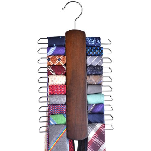 Umo Lorenzo Premium Wooden Necktie and Belt Hanger, Walnut Wood Center Organizer and Storage Rack with a Non-Slip Finish - 20 Hooks (Wooden)…