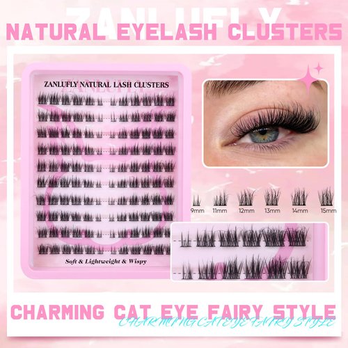 Cat Eye Lash Clusters Kit Wispy Eyelash Clusters Kit Fluffy Manga DIY Lash Extensions Kit Natural LC Curl Individual Lashes with Lash Bond and Seal Lash Applicator,2Lash Brush (9-15MM,120Pcs)