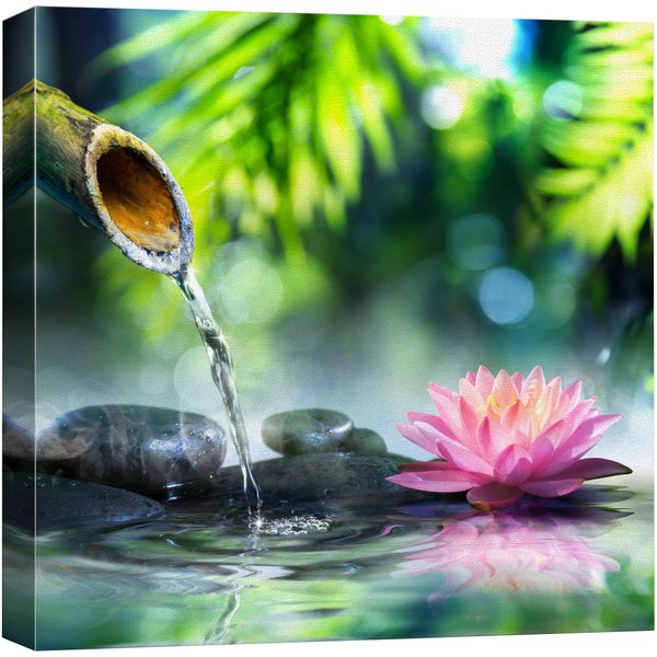 wall26 Canvas Print Wall Art Zen Garden with Bamboo and Pink Water Lily Floral Nature Digital Art Modern Art Rustic Scenic Relax/Calm Colorful for Living Room, Bedroom, Office - 16"x16"