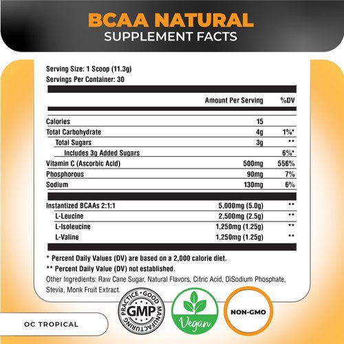 Nutrology BCAA Natural, Plant Based BCAA Powder, Orange Coconut Flavor, Optimized 2:1:1 Ratio Amino Acids Powder, Post Workout Recovery Drink Vegan BCAA Powder, Gluten-Free, Non-GMO, 30 Servings