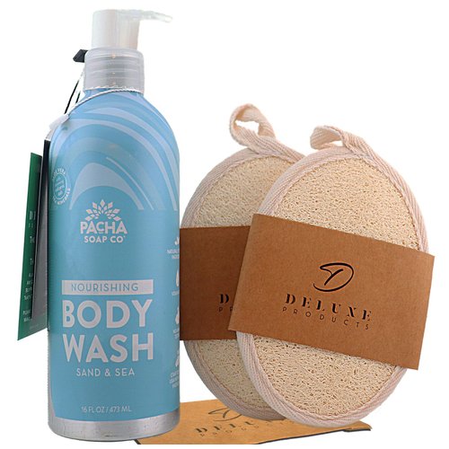 Deluxe Products Pacha Sand & Sea 5-in-1 Body, Face, and Hand Wash, Shaving Gel, Bubble Bath and - 2 Loofahs - Shower Gel, Shower Soap, Liquid Soap, Body Soap, 16 FZ