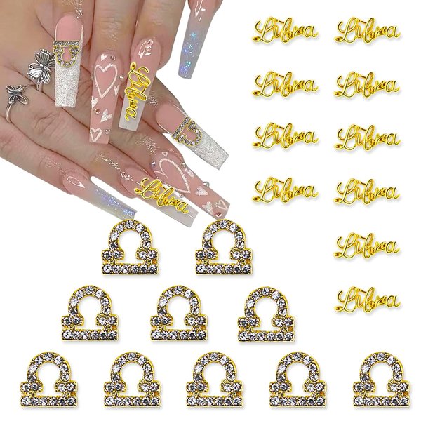 XEAOHESY 20 Pieces Gold Alloy Libra Zodiac Nail Charms 10pcs Libra Symbols Sign Charms for Nails 10pcs Libra Words Nail Charms for Women Nail Art Decoration