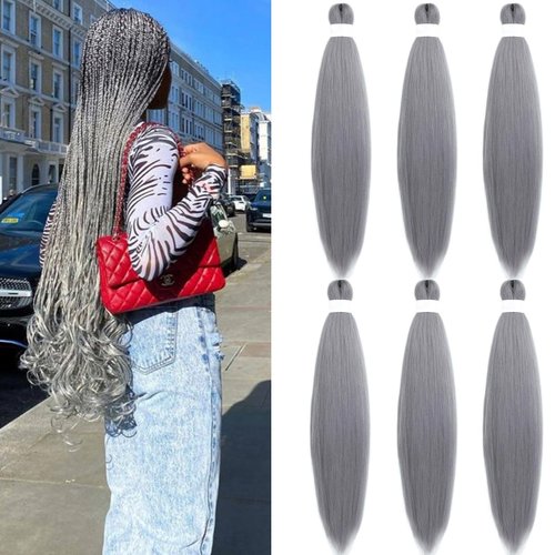 Gray Braiding Hair Pre Stretched Kanekalon Knotless Grey Prestretched Braiding Hair 30 inch Long Colored Hair Extensions for Braiding Pre Stretched Micro Braids Itch Free Yaki Braiding Hair
