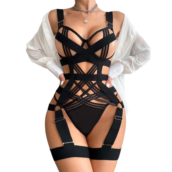 WDIRARA Women's Exotic Strappy Harness Hollow Out Underwired 4 Piece Lingerie Set Black L