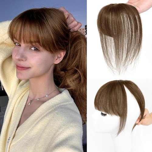 MORICA Bangs Hair Clip, 360° 3D Cover Clip in Bangs 100% Real Human Hair Toppers with Bangs，Hair pieces Clip on Bangs for Women Fake Bangs for Daily Wear (Brown, 5×7 3D Bangs)