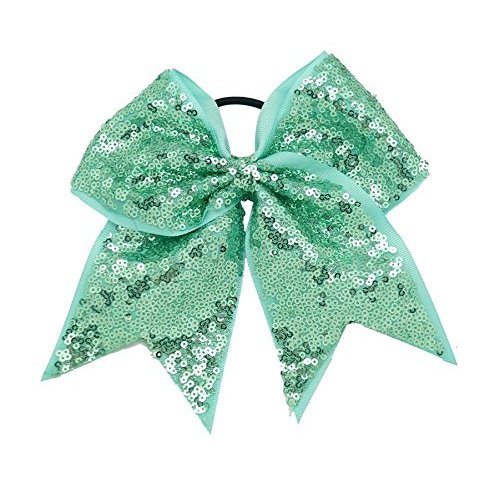 New "FANCY SEQUIN Mint Green" Cheer Bow Pony Tail 7 Inch Girls Hair Bows Cheerleading Dance Practice Football Games Competition Birthday Grosgrain Ribbon Sparkles