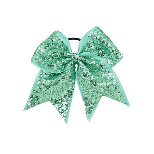 New "FANCY SEQUIN Mint Green" Cheer Bow Pony Tail 7 Inch Girls Hair Bows Cheerleading Dance Practice Football Games Competition Birthday Grosgrain Ribbon Sparkles