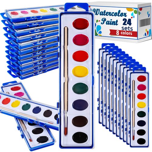 Loccmat 24 Pack Watercolor Paint Set,8 Colors Washable Water Colors Paint Kids,Water Color Paint Sets,Watercolor Paints with Paint Brushes,Watercolor Set for Birthday Party Favors,Art Activities