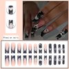 DANMANR Fake Nails Black Long Press on Coffin Nails Heart Crystal Full Cover Acrylic French Shiny Fake Nails for Women and Girls 24PCS