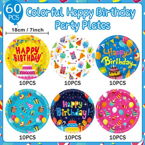 60Pcs Happy Birthday Plates Party Supplies 7” Colorful Birthday Plates Colorful Happy Birthday Tableware Party Decorations for Kids Boys Girls Birthday Cake Dinnerware Party Favors for 60 Guest