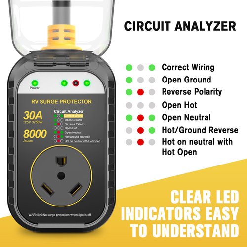 GEARGO RV Surge Protector 30 Amp RV Waterproof Circuit Analyzer Surge Guard Full Protection (8000 Joules), RV Surge Voltage Protection,RV Adapter Plug for Camper(Yellow)
