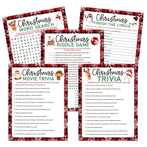 Whaline 100Pcs Christmas Trivia Games Question and Answer Cards 5 Designs Xmas Vacation Game Gues...