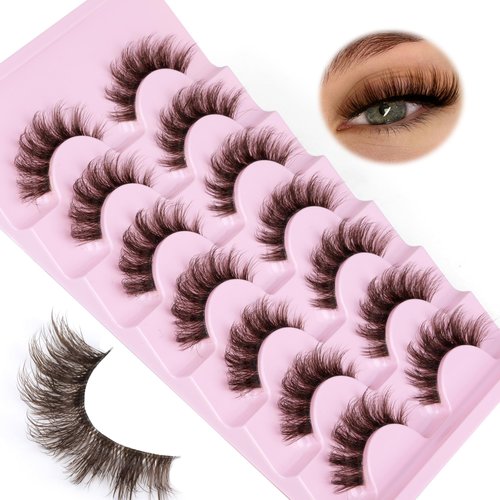 JIMIRE Brown False Eyelashes with Clear Band Fluffy 6D Lashes Brown Colored Lashes Natural Look Like Lash Extensions Faux Mink Strip Eyelashes 7 Pairs Multipack