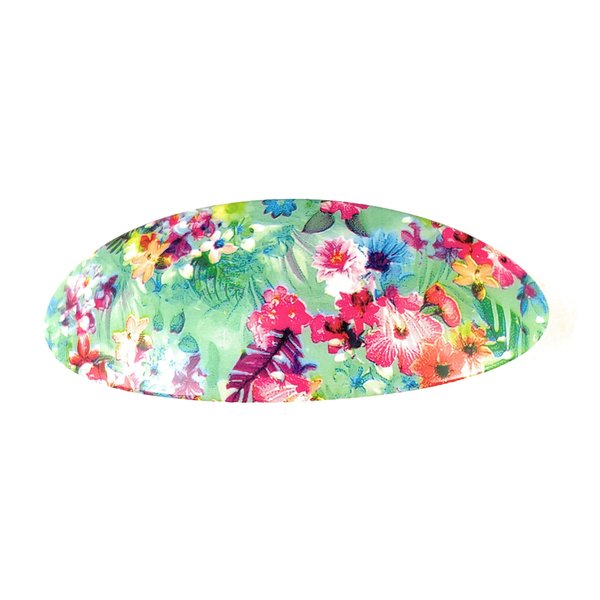 Aqua pink green barrette floral oval plastic curved hair clip 3.25 inches long 1.25 inches wide flowers