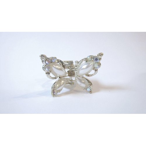 Generic Small mini silver and white pearl metal butterfly hair claw clip with crystals