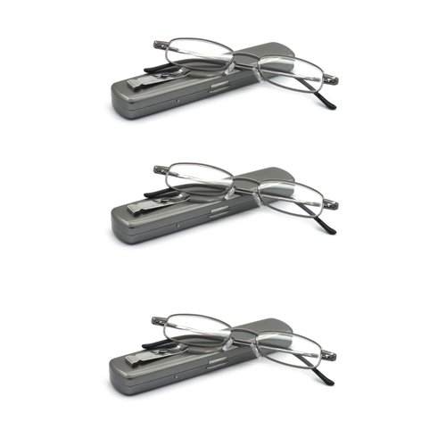 EYE ZOOM 3 Pairs Lightweight Portable Metal Reading Glasses with Pocket Case for Men Women, Gunmetal, 1.50 Strength