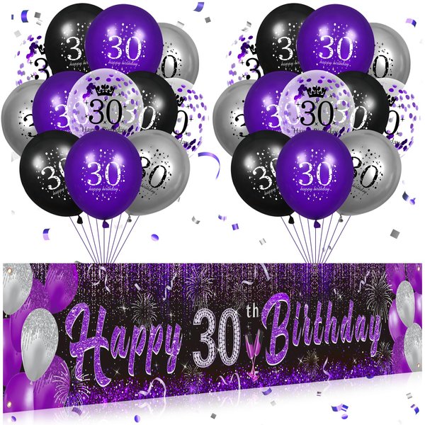 Purple 30th Birthday Decorations for Women, Black Purple Silver Happy 30th Birthday Yard Banner and 24pcs 30th Birthday Balloons for 30th Birthday Anniversary Party Supplies Indoor Outdoor Decor