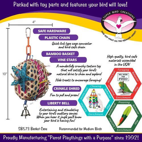 Super Bird Creations SB573 Basket Case Bird Toy - Ringnecks, Cockatiels, Parakeets, Parrots - Foraging Bird Toy with Colorful Paper Shred, Vine Stars, & Wooden Beads - for Medium Bird Size - 10" x 4"