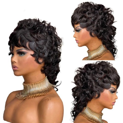 QITAQOTA Mullet Wigs For Black Women Short Wigs for Black Women Wigs With Bangs Curly Wigs Natural Hairline Wig Hair Replacement Wigs 12Inch