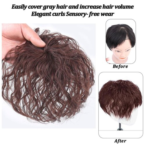 Curly Human Hair Toppers for Women 100% Real Human Hair Crown Topper Short Water Wavy Hairpieces Clip In Top Wiglet with Bangs Wavy Hairpiece for Thinning Hair ( Color : Brown , Size : 17cm(base7*10cm