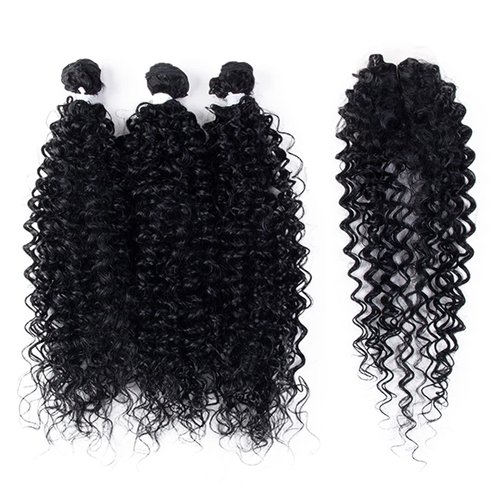 DÉBUT Synthetic Hair 3 Bundles with Easy Closure, Long Curly Hair High Temperature Fibers, Deep Curly Weave 4pcs/Pack 16 Inches 300g 1B Black Color
