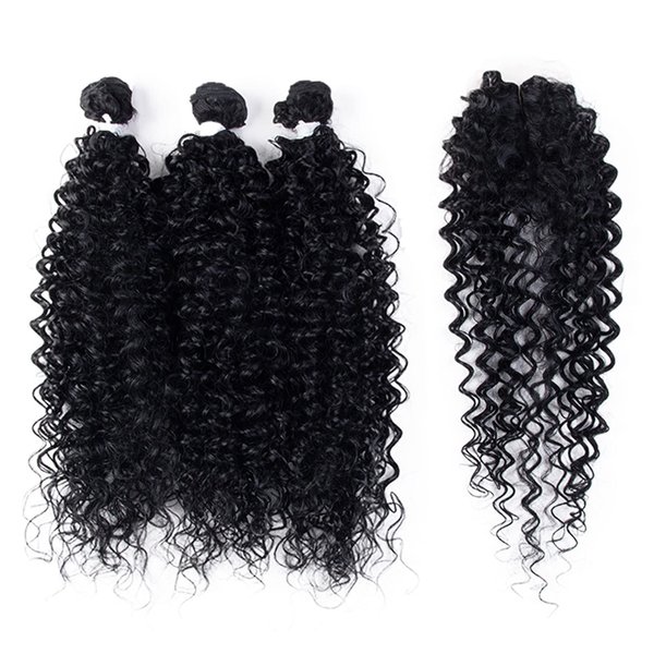DÉBUT Synthetic Hair 3 Bundles with Easy Closure, Long Curly Hair High Temperature Fibers, Deep Curly Weave 4pcs/Pack 16 Inches 300g 1B Black Color