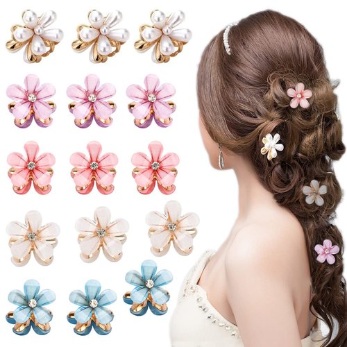 15 Pack Flower and Pearl Hair Accessories for Women and Girls: Cute Mini Barrettes, Hairpins, Tiny Hair Claws for Thin and Thick Hair - Non-Slip Decorative Clips