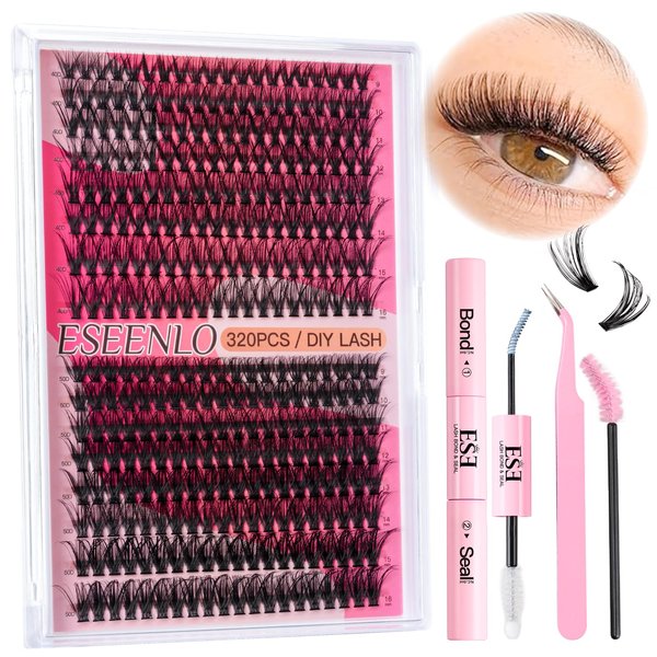 Lash Extension Kit, 320pcs Lash Clusters 9-16mm 40D 50D Eyelash Extension Kit, Individual Lashes Kit with Lash Bond and Seal, Lash Tweezers by ESEENLO (FD01)