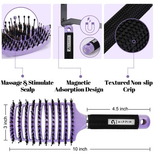 Boar Bristle Hair Brush Set of 2, HIPPIH Wet & Dry Hair Brushes Made by Fine Natural Boar Hair Can Adds Shine and Smoothing, Detangling Long Curly Thick Hair for Women, Men & Kids'