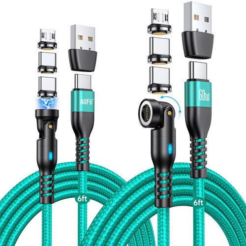 AUFU 60W USB C Magnetic Charging Cable (6.6ft, 2Pack), 6 in 1 USB/C to USB C Micro USB Magnetic Charger Fast Charging Cable Type C Data Transfer for Laptop/Tablet/Phone