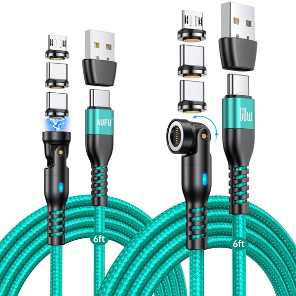 AUFU 60W USB C Magnetic Charging Cable (6.6ft, 2Pack), 6 in 1 USB/C to USB C Micro USB Magnetic Charger Fast Charging Cable Type C Data Transfer for Laptop/Tablet/Phone