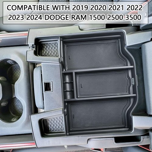 EDBETOS Full Center Console Organizer Compatible with 2019-2023 2024 Dodge RAM 1500 2500 3500 Accessories ABS Plastic Material Insert Tray Secondary Storage Armrest Box, Black