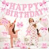 Papiailove Pink Bow Birthday Decorations, Coquete Birthday Party Decorations Set Happy Birthday Banner Ribbons Hanging Swirls Honeycomb Centerpieces for Girls Birthday Party Supplies