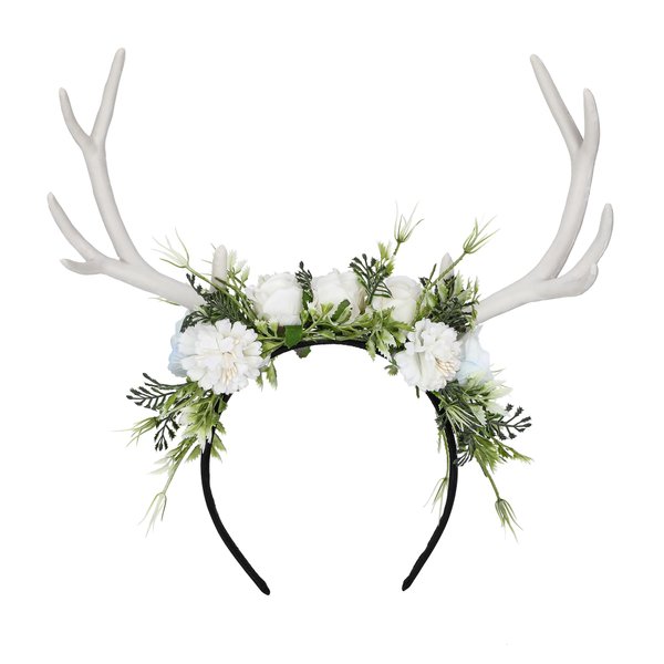 MOSTORY Handmade White Flower Antler Headpiece - Woodland Reindeer Headband Forest Floral Hairband with Deer Horns for Renaissance Halloween Cosplay Photo Shoot Accessory