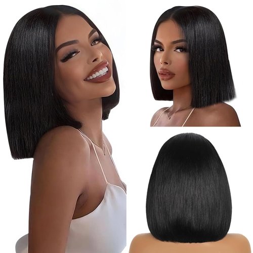 YGP Bob Wig Human Hair 180 Density 13x4 HD Transparent Lace Front Bob Wig Pre Bleached Tiny Knots Short Blunt Cut Bob Wigs with Baby Hair 10 Inch