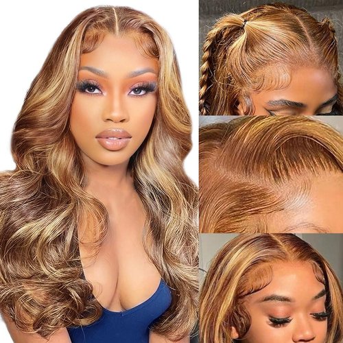 24Inch Highlight Ombre Lace Front Wig Human Hair 13x4 Highlight Body Wave Wig Human Hair Pre Plucked with Baby Hair Brazilian Human Hair for Women 5/27 Honey Blonde Lace Front Wigs 150% Density