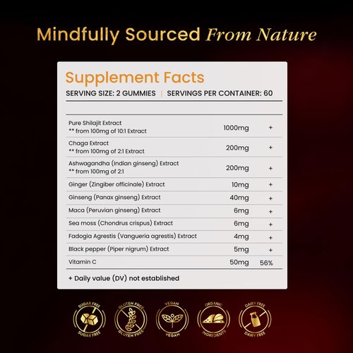 Pure Himalayan Shilajit Gummies Gold Grade Shilajit Riched with Ashwagandha Fulvic Acid & 85+ Trace Minerals - No Added Sugar - Individually Wrapped - Shilajit Gummies for Men & Women - 60 Gummy