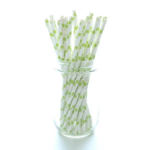 Green Polka Dots Party Paper Straws - 25 Pack - Mason Jar Wedding Straws, Decorative Drinking Straws, Green Polka Dot Straws