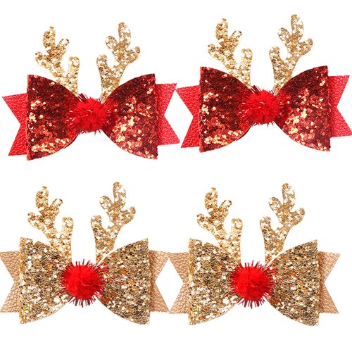 Glitter Christmas Antler Hair Bow Clips for Girls 4PCS Sparkly Sequin Hair Clips Handmade Full-lined Alligator Clips Fun Christmas Xmas Santa Hair Accessories for Women & Girls Holiday Cotume Decor