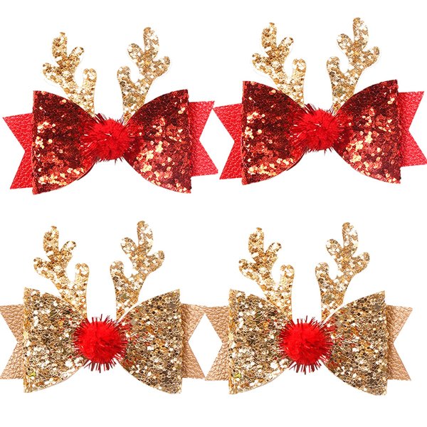 Glitter Christmas Antler Hair Bow Clips for Girls 4PCS Sparkly Sequin Hair Clips Handmade Full-lined Alligator Clips Fun Christmas Xmas Santa Hair Accessories for Women & Girls Holiday Cotume Decor