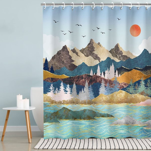 RosieLily Mountain Shower Curtain, Forest Shower Curtain, Cool Shower Curtain Hooks, Waterproof Art Nature Tree Shower Curtain, Japanese Sunset Landscape Shower Curtains for Bathroom, 72Wx72H Inch