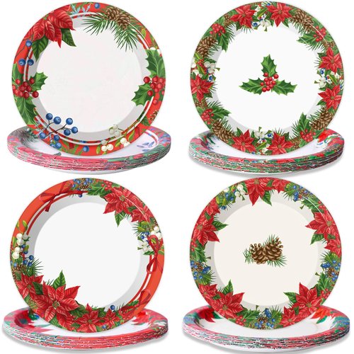 chiazllta 48 PCS Christmas Party Paper Plates Supplies Disposable Christmas Poinsettia Party Dessert Plates Christmas Themed Party Favors Decorations for Holiday New Year
