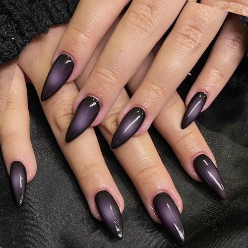 GLAMERMAID Black Pink Ombre Press on Nails Medium Almond, Purple Aurora Fake Crush Nails, Glossy Gel Glue on Nails Short Oval Stick on Blush Nail Set, Glitter Acrylic Stiletto False Nail Kit for Women